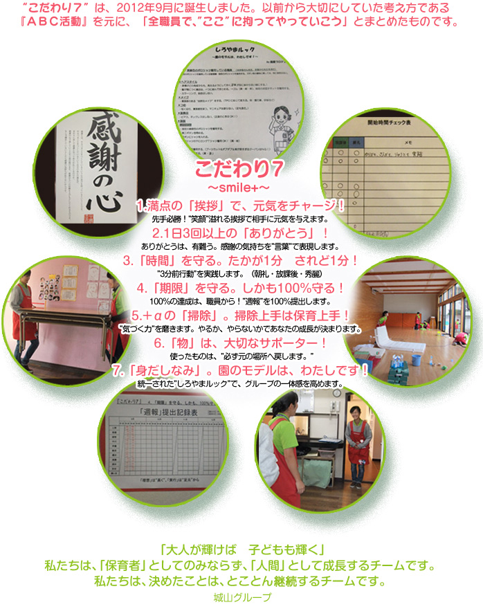 “こだわり7”は、2012年9月に誕生しました。以前から大切にしていた考え方である『ABC活動』を元に、「全職員で、”ここ”に拘ってやっていこう」とまとめたものです。
